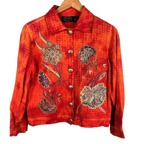 Julia Kin Tops - Julia Kin‎ Jacket Women Small Orange Art to Wear Boho Floral Embroidered Shirt
